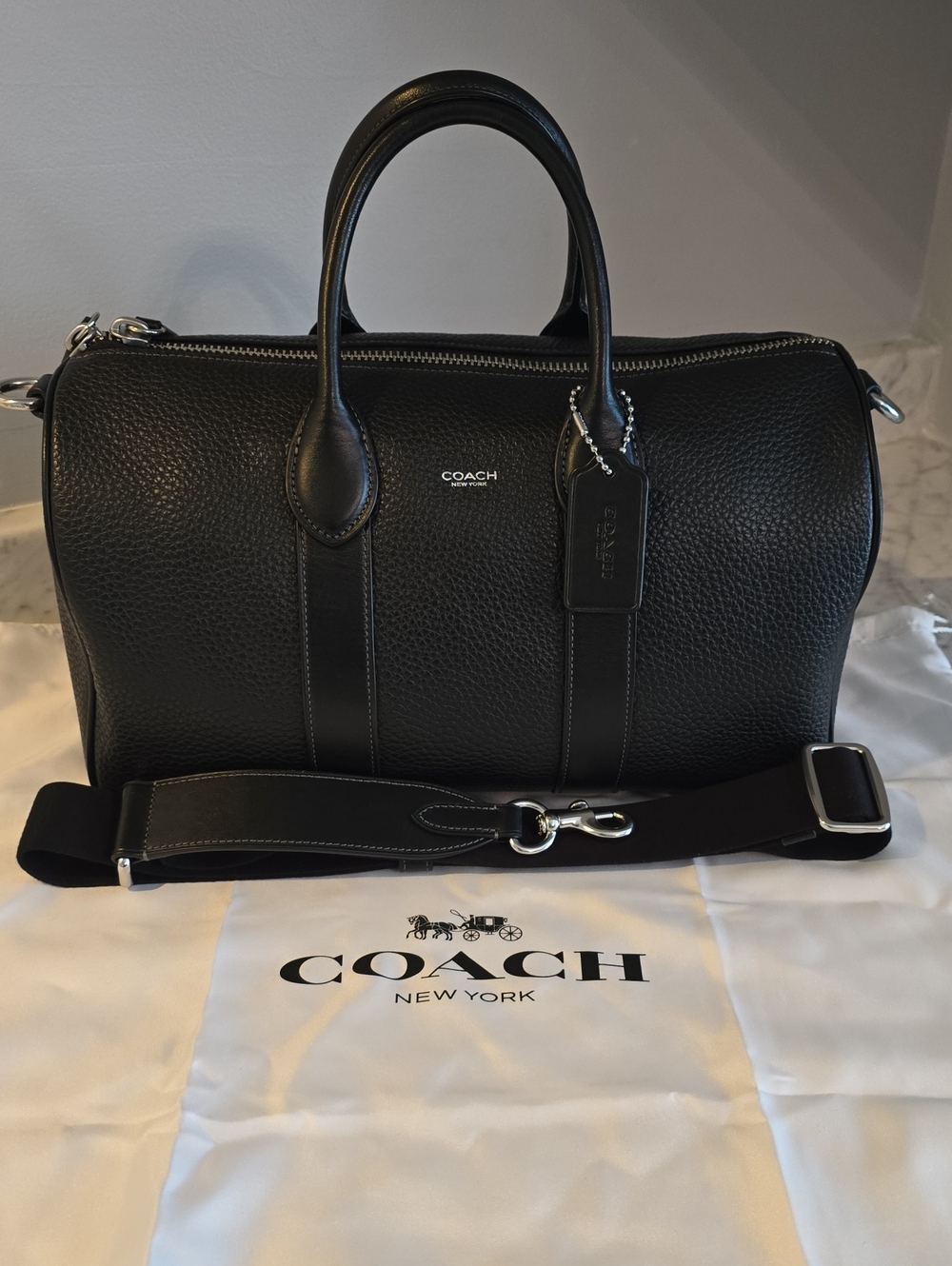 Coach Compass Bag 35 Black Pebbled Leather with Detachable Strap